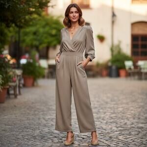 Monteau Los Angeles Taupe Elegant Long Sleeve Wide-Leg Jumpsuit Size L